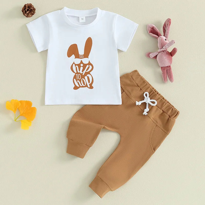 Children's Clothing 2025 Easter New Boys' Rabbit Print Short Sleeved Casual Pants Two-piece Set