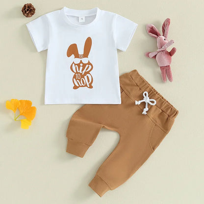 Children's Clothing 2025 Easter New Boys' Rabbit Print Short Sleeved Casual Pants Two-piece Set