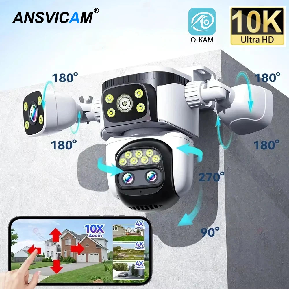 ANSVICAM 10K Home Security WiFi Camera Four Lens Four Screen 360° 10X Optical Zoom CCTV Auto Tracking 20MP Surveillance IP Cam