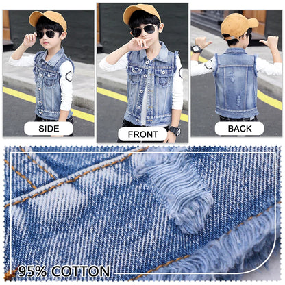 Kids Denim Jacket Boys Vest Coat Sleeveless Tassels Lapel Outerwear Casual Button Children's Cowboy Waistcoat Girls Denim Vest