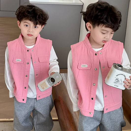 Toddler Children Pink Denim Vest Boy Girl Sleeveless Jacket Harajuku Kids Clothes Casual Waistcoat Vintage Fashion Outfit 2-9Y