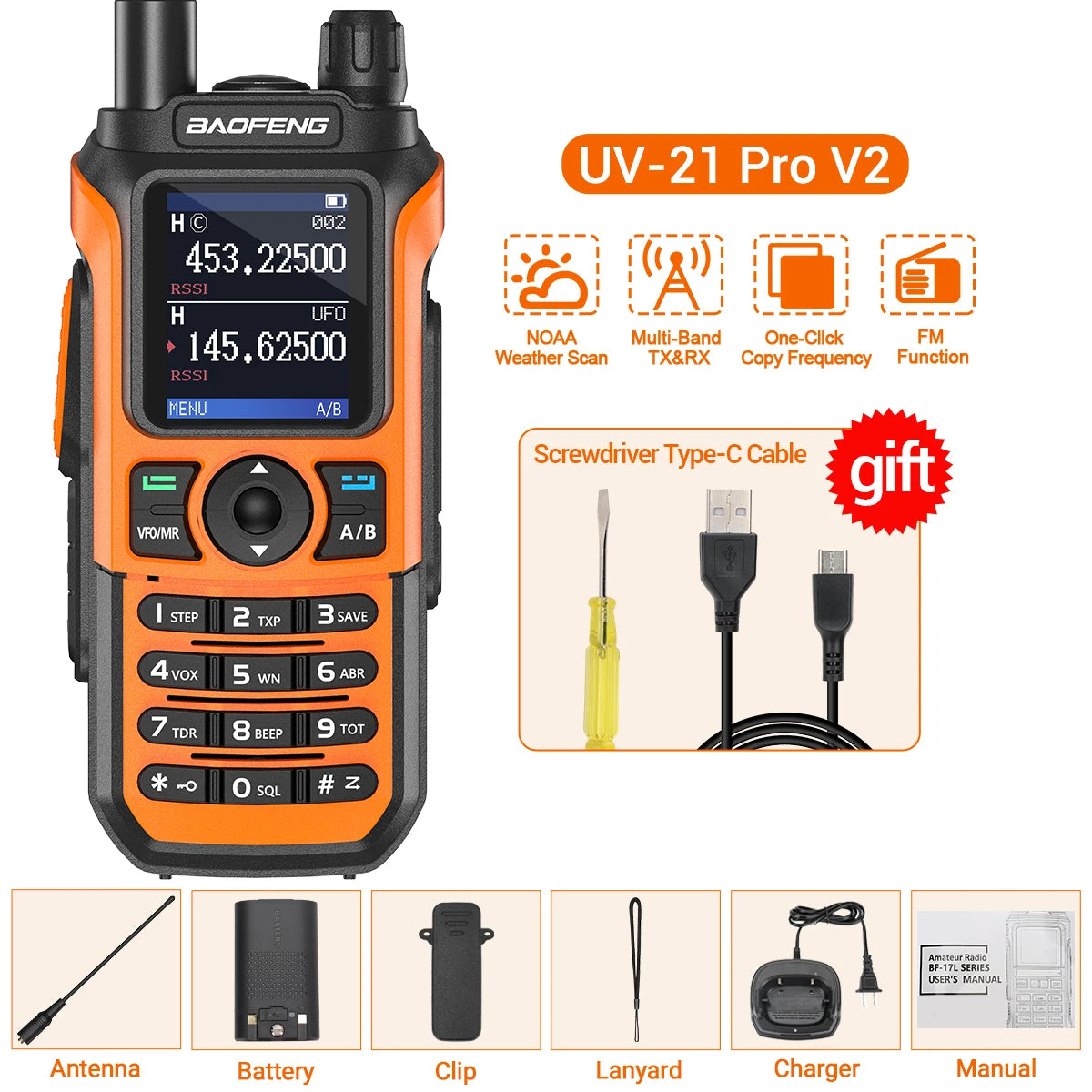 Baofeng UV-21 Pro V2 Wireless Copy Frequency Mutli Band Powerful Waterproof Long Range UV-5R Long Range Type-C Two Way Ham Radio