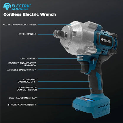Electric Goddess 1000N.M Cordless Electric Impact Wrench Brushless Wrench Hand Drill Socket Tools For Makita 18V Battery ﻿Pin