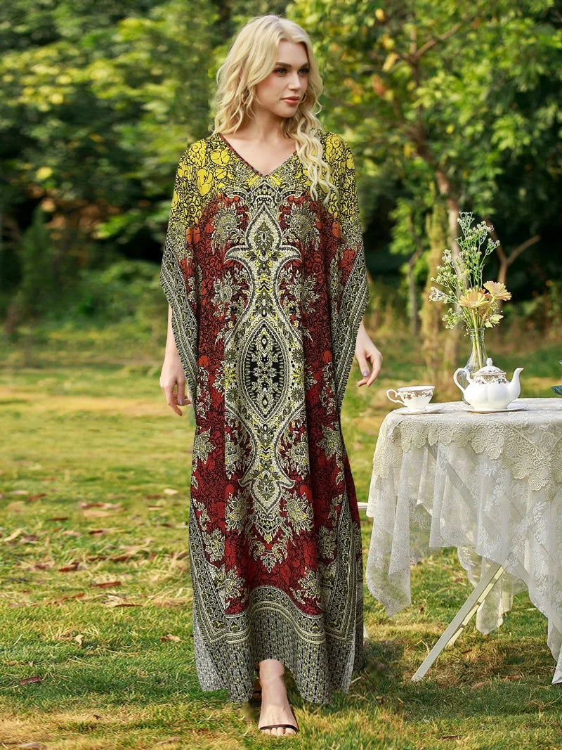 Dresses For Women 2025 Casual Long Kaftan Kimono Style Drawstring Gown Bohemian Sexy Nightdress Beach Kaftan Casual Ropa Mujer