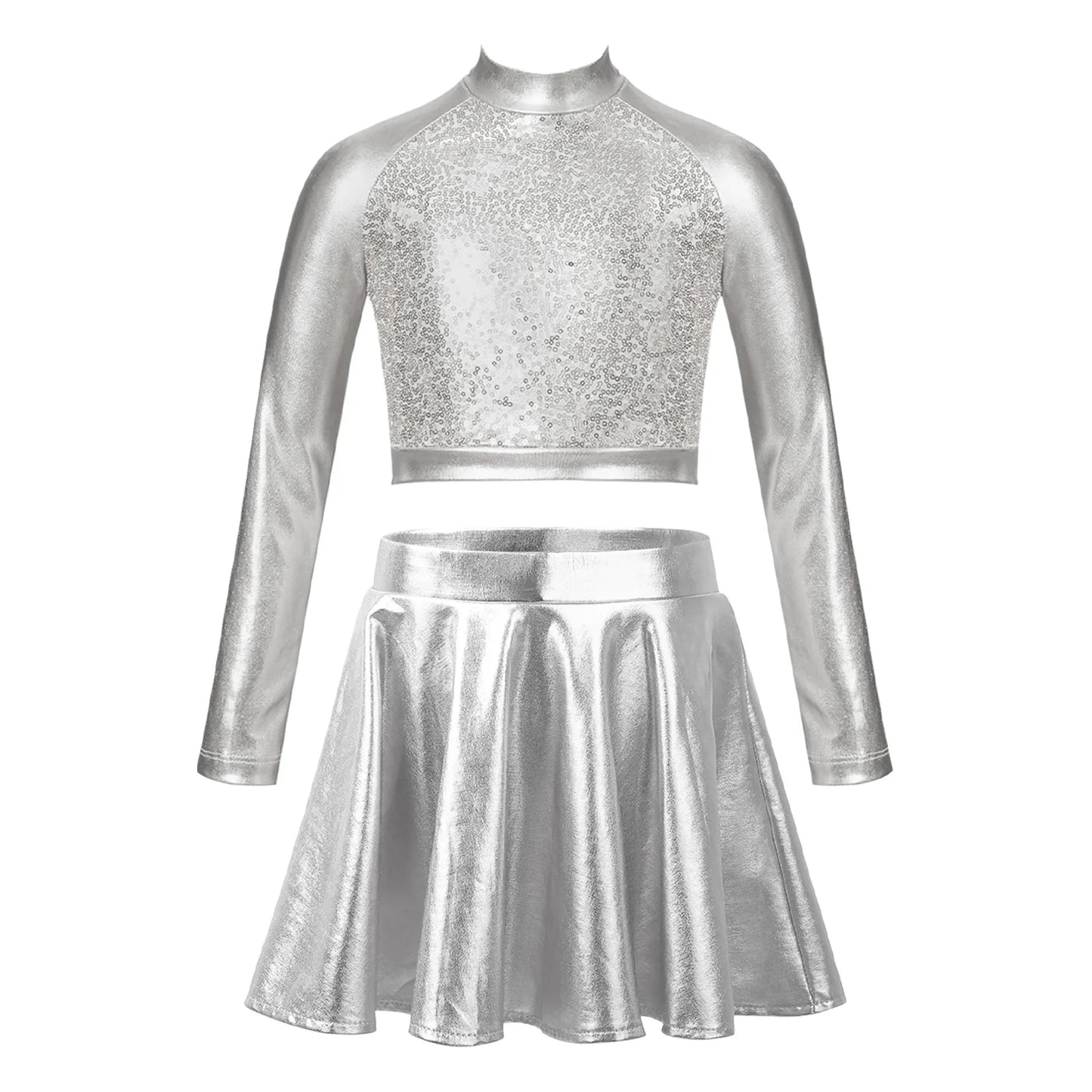 Children Clothing Girl Metallic Sleeveless Tops Flared Pleated A-Line Mini Short Skirt Kids Outfits 2pcs Clothes Set Dance Wear