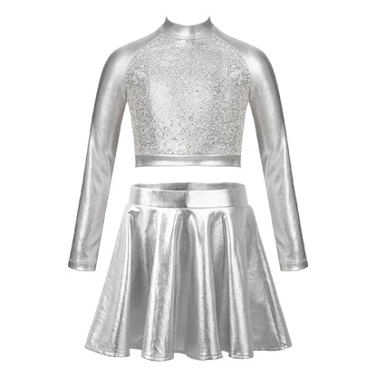 Children Clothing Girl Metallic Sleeveless Tops Flared Pleated A-Line Mini Short Skirt Kids Outfits 2pcs Clothes Set Dance Wear