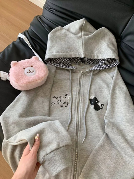 Ropa Mujer Japanese Cute Hoodies Coats Cute Cat Print Hooded Sweatshirts Y2K Tops Women Clothing Casual Zipper Loose Hoodie