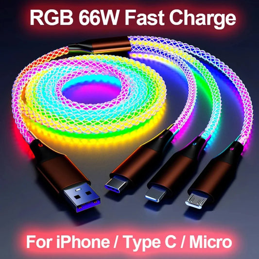 6A 66W Glowing Cable Micro USB Type C Cable Fast Charging For iPhone Huawei Xiaomi LED light Charger Flowing Streamer USB C Cord
