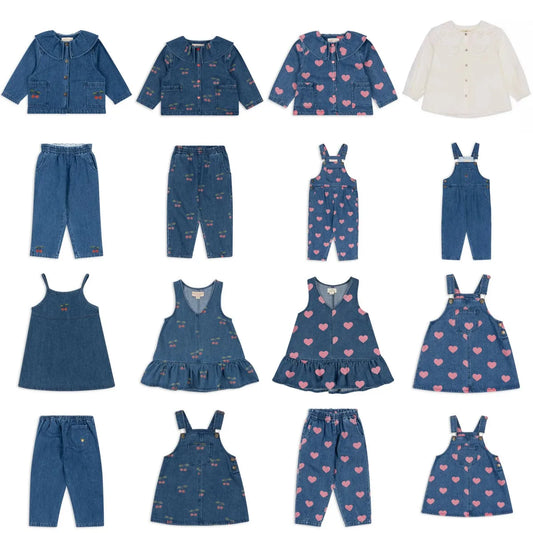 New Kids Girls Clothes  Cute Print Cherry Denim Jacket Coat Overalls Jeans Toddler Girls Denim Dress White Shirt Outfit Set
