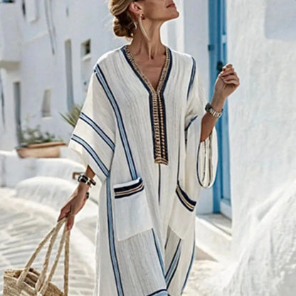 Robes for Woman New V Neck Loose Boho Dress Ethnic Spring Striped Print Pocket Long Maxi Dress Summer Short Sleeve Holiday Dress