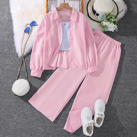 Kids Costume Suit For 4-12 Years Girls Pink Striped Long Sleeve Lapel Cardigan Shirt & Pants Daily Causal Style Comfortable Suit
