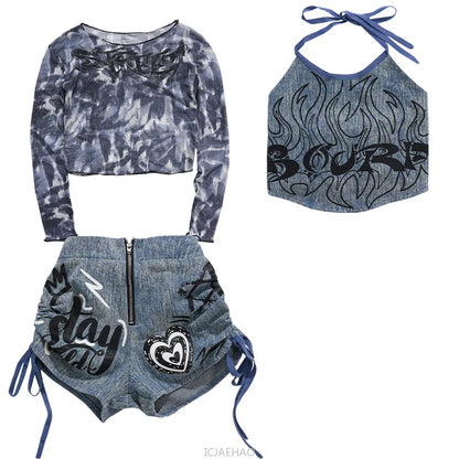 2025 Children's Costume Performance Clothes Fashion Street Style Cool Girl Hip Hop Jean Tops Clothing Hiphop Outfit Denim Dance