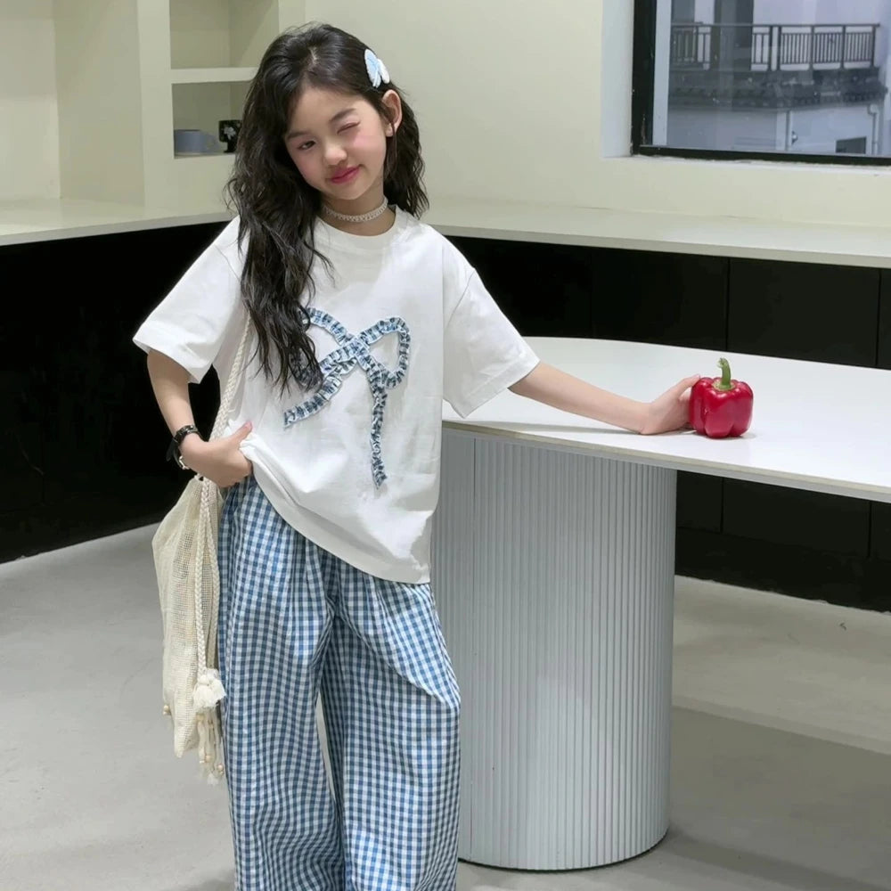 Children's Clothing Autumn Fashionable New Girls Clothes Blue Bow Long Sleeved Top + Checkered Printed Pants Two-piece Set