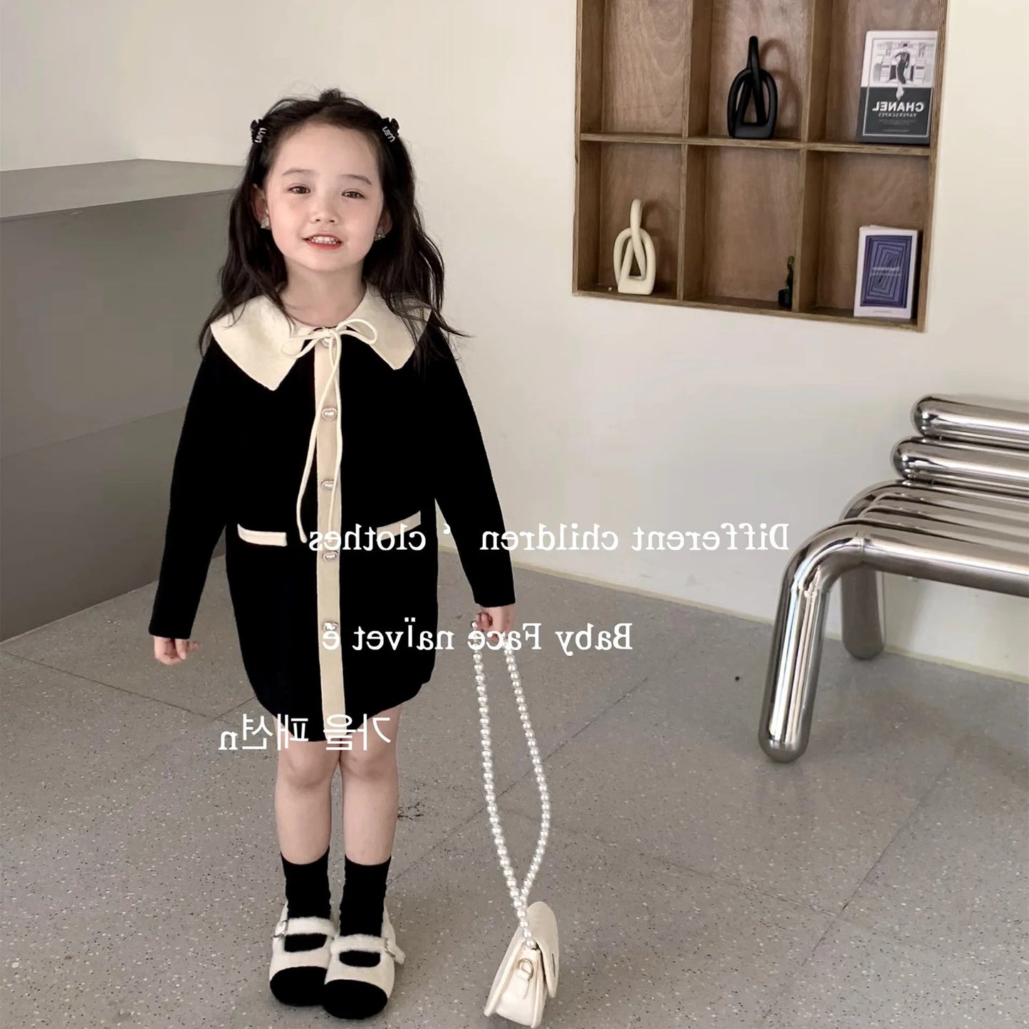 Children Girl Knitwear Dress Autumn Turn Down Collar Elegant Infant Baby Girl Dress Loose Casual Single Breasted Kids Girl Dress