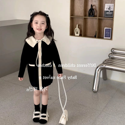 Children Girl Knitwear Dress Autumn Turn Down Collar Elegant Infant Baby Girl Dress Loose Casual Single Breasted Kids Girl Dress