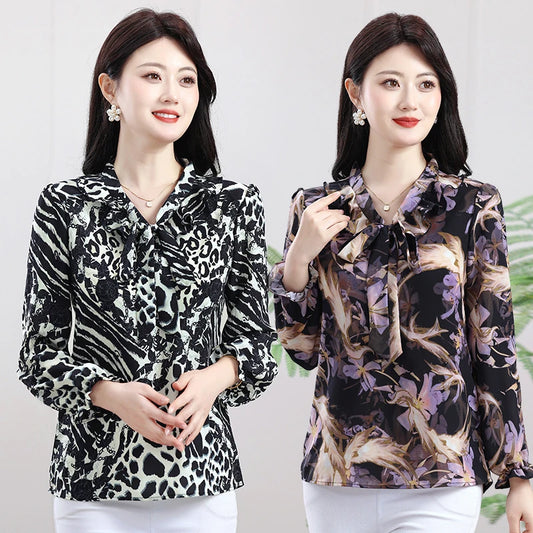 Women Blouse Casual Fashion Bow Ruffles Print Chiffon Blouse Shirt Spring and summer Long Sleeve Women Tops Blusa Mujer