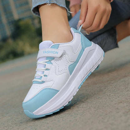 Kids Roller Skate Shoes with Wheels Fashion Casual Sports Children 4-Wheels Speed Sneakers for Boys and Girls Gift Nice Footwear