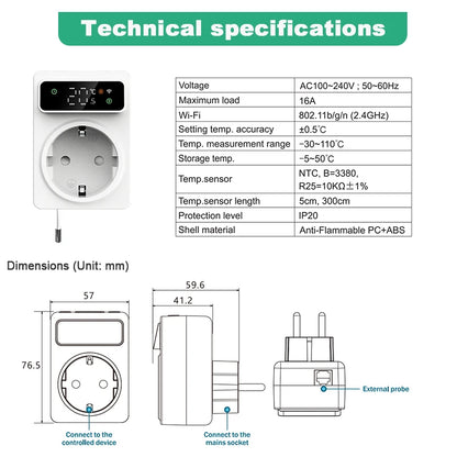 New Tuya WIFI Digital Thermostat Socket 16A Outlet Plug Remote Temperature Controller Timer Switch Cooling Heating 3M NTC Sensor