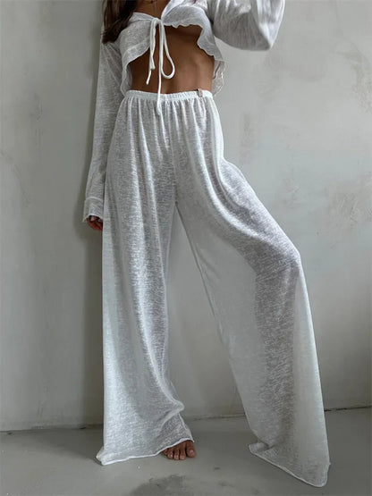 Casual Fashion 2 Piece-Set Trousers For Women V-Neck Lace-Up Long Sleeve Top And High Waist Women's Pants Outfits Female