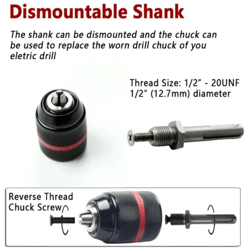 1 Set(4Pcs) Metal Heavy Duty 1/2-20UNF 13mm Keyless Drill Chuck Hex Shank/SDS/Socket Square Female Adaptor Hardware Tool