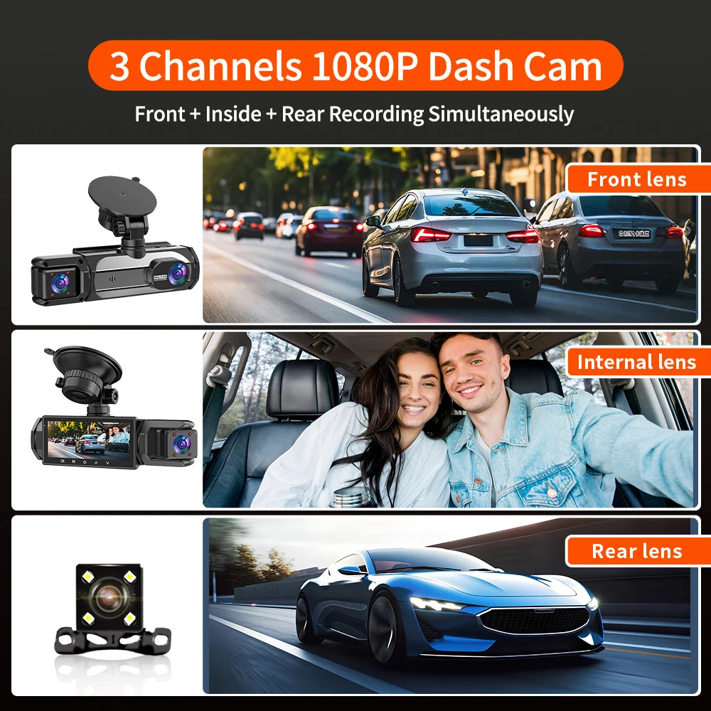 3 Cameraes Dash Cam 1080P Front and rear view camera Night Vision Parking Monit Car DVR 3way Car Video Recorder With Gift