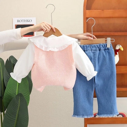 Children Clothing Sets for Girls T Shirt Floral Vest Bow Jeans Spring Autumn Toddler Baby Clothes Infant Outfits Kids Tracksuit
