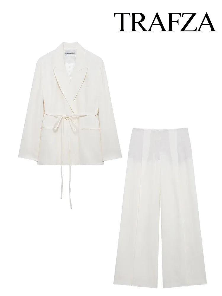 HH Women's Suits White Turn-Down Collar Long Sleeves Lace-Up Blazers+High Waist Zipper Long Pants Female Spring Fashion Sets