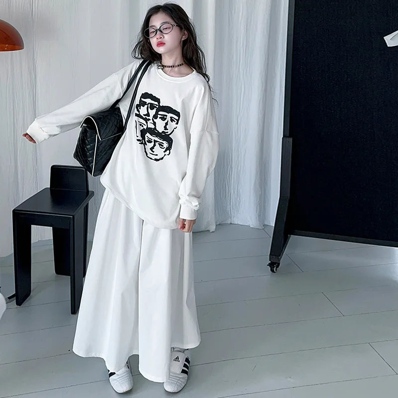 Children Costumes Spring Loose Fashion Girls Clothing Retro Versatile Personality Sweatshirt Skirt 2pcs Casual Kids Outfits Set