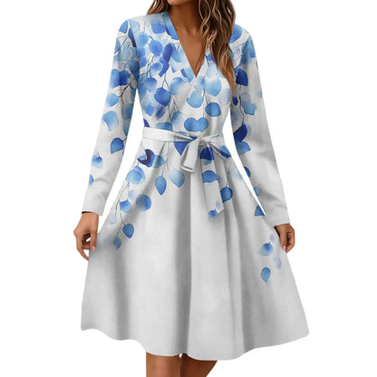Women'S Fashion Casual V-Neck Long Sleeve Waist Floral Print Midi Dress Vestidos Para Mujer Female Dress Y2k Traf Roupas Feminin