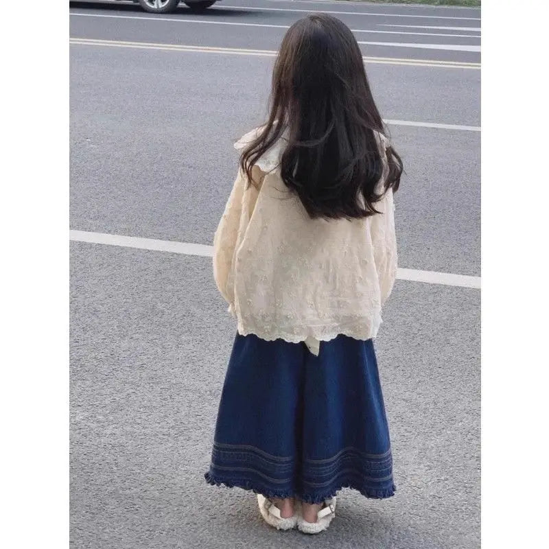 Children's clothing 2025 new spring outfit girls' set children's embroidered doll collar long sleeved shirt denim wide leg pants