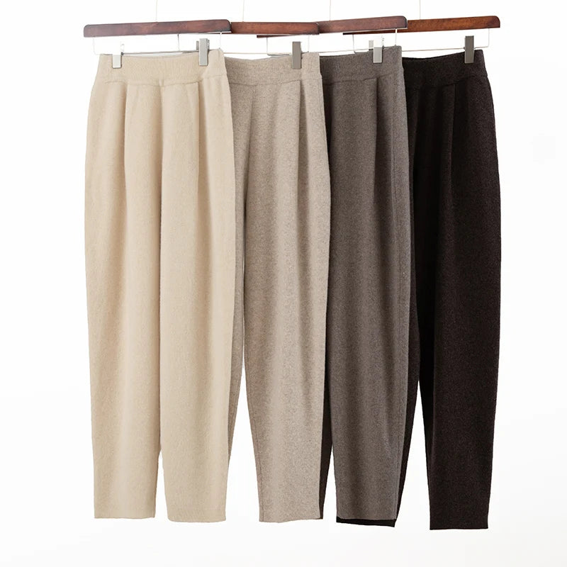 100% merino wool women's knitted trousers, popular, warm, creased, harem pants 2024 autumn and winter new style