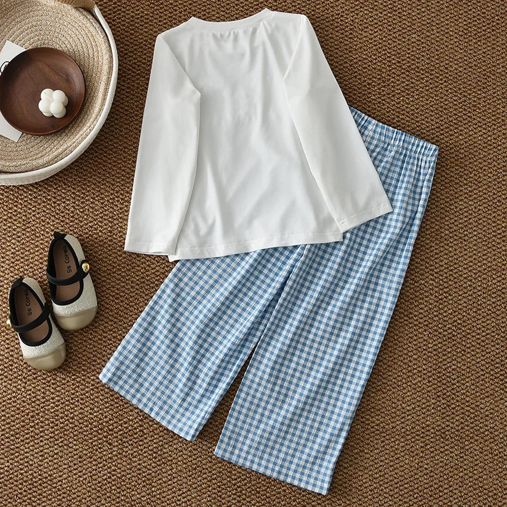Children's Clothing Autumn Fashionable New Girls Clothes Blue Bow Long Sleeved Top + Checkered Printed Pants Two-piece Set