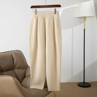100% merino wool women's knitted trousers, popular, warm, creased, harem pants 2024 autumn and winter new style
