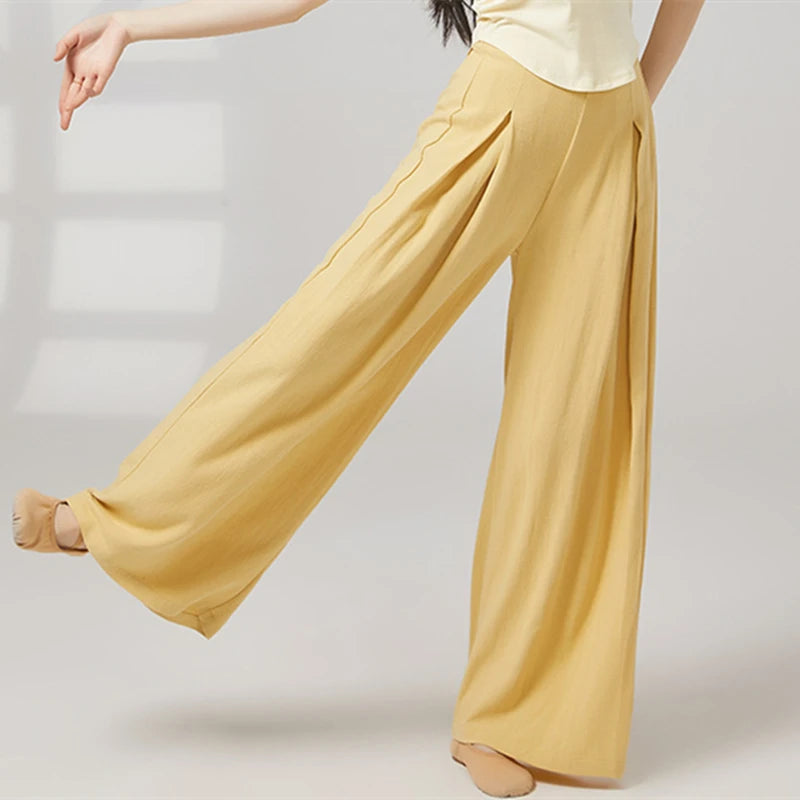 Modern Dance Pant Women Pleat Wide-Leg Trousers Long Straight Elastic Waist Casual Daily Wear Classical Stage Training Costumes