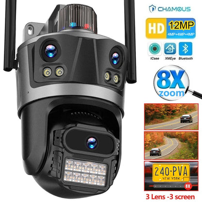 ICsee Security Camera Three Lens 6K 12MP 8X Zoom Outdoor WiFi Wireless CCTV Video Surveillance Auto Tracking Home Protection
