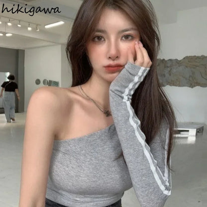 2025 Ropa Mujer Sexy Tshirts Women Off Shoulder Long Sleeve Tunic Black Tees Chic Casual T Shirt Summer Harajuku Y2k Crop Tops