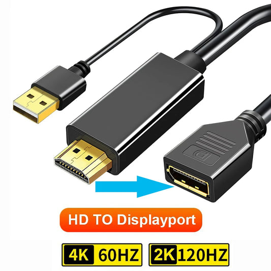 4K@60Hz HD to DisplayPort Unidirectional Adapter with USB Power Cord HDMI-compatible to DP Cable for PC Computer Game Monitor