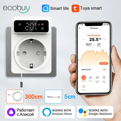 New Tuya WIFI Digital Thermostat Socket 16A Outlet Plug Remote Temperature Controller Timer Switch Cooling Heating 3M NTC Sensor