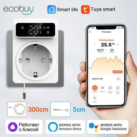 New Tuya WIFI Digital Thermostat Socket 16A Outlet Plug Remote Temperature Controller Timer Switch Cooling Heating 3M NTC Sensor