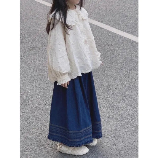 Children's clothing 2025 new spring outfit girls' set children's embroidered doll collar long sleeved shirt denim wide leg pants