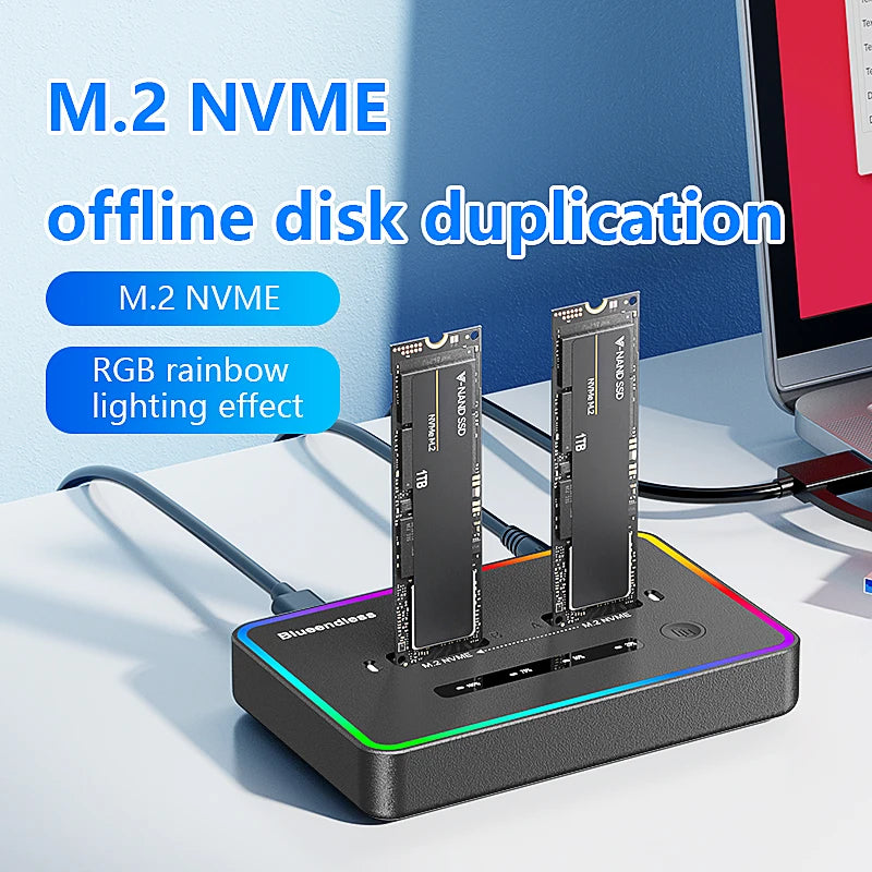 Blueendless Dual-Bay M.2 NVME SSD Clone Docking Station 20Gbps USB3.2 USB C Type C OFFline Cloner Duplicator NVme PCIE Enclosure