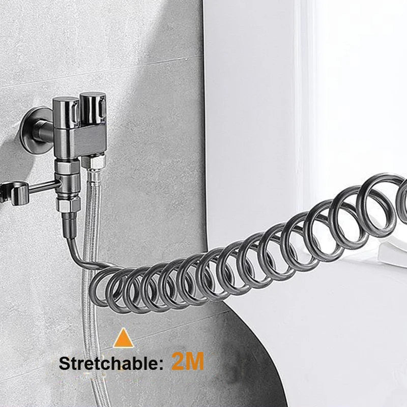 Zinc Alloy High Pressure Bidet Sprayer Kit - Bathroom Toilet Cleaner Spray Gun with 1 In 2 Out Angle Valve, Grey/Silver/Black