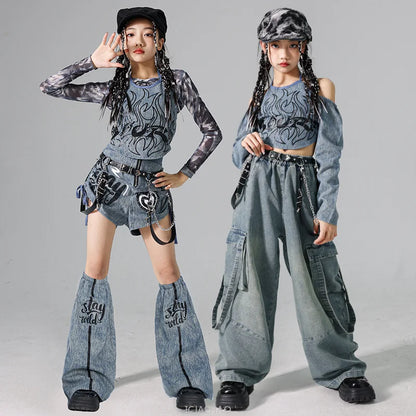 2025 Children's Costume Performance Clothes Fashion Street Style Cool Girl Hip Hop Jean Tops Clothing Hiphop Outfit Denim Dance