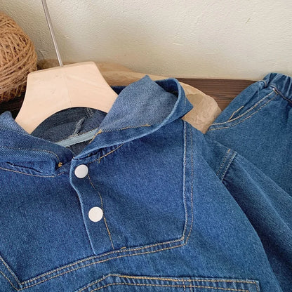 Children's clothing Spring and Autumn, boys' denim hooded sweatshirt, women's Baoyang solid color long sleeved top and pants set