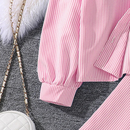 Kids Costume Suit For 4-12 Years Girls Pink Striped Long Sleeve Lapel Cardigan Shirt & Pants Daily Causal Style Comfortable Suit