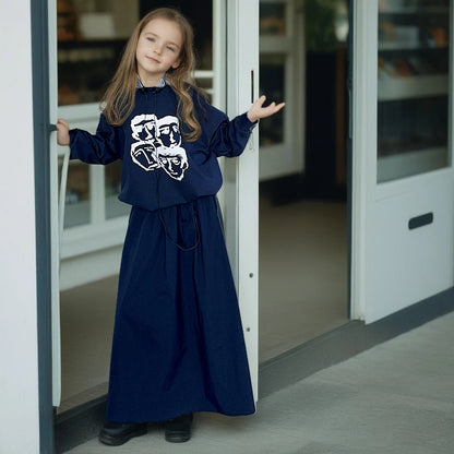 Children Costumes Spring Loose Fashion Girls Clothing Retro Versatile Personality Sweatshirt Skirt 2pcs Casual Kids Outfits Set
