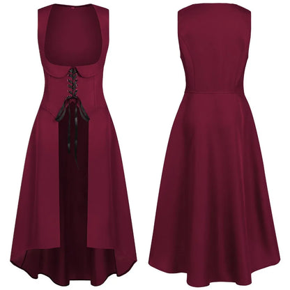 Women Renaissance Dress Peasant Pirate Medieval Tight Waist Apron High Low Dress