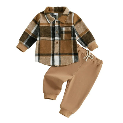 Children Clothing Kids Boys Plaid Print Long Sleeve Turn-down Collar Pocket Shirts Sets Pants Outfits 0-5Y