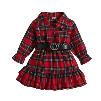 Kids Dresses For Girls Turn Down Collar Belted Red Plaid Shirts Dress Children Clothing Christmas Dresses For Girls