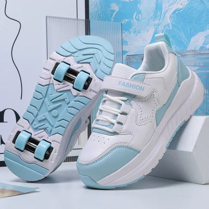 Kids Roller Skate Shoes with Wheels Fashion Casual Sports Children 4-Wheels Speed Sneakers for Boys and Girls Gift Nice Footwear